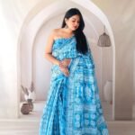 Sky blue batik digital printed fancy linen cotton saree