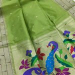 Pista green traditional tussar silk saree with meenakari weaving paithani pallu - Image 2