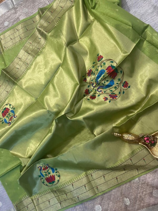 Pista green traditional tussar silk saree with meenakari weaving paithani pallu - Image 6