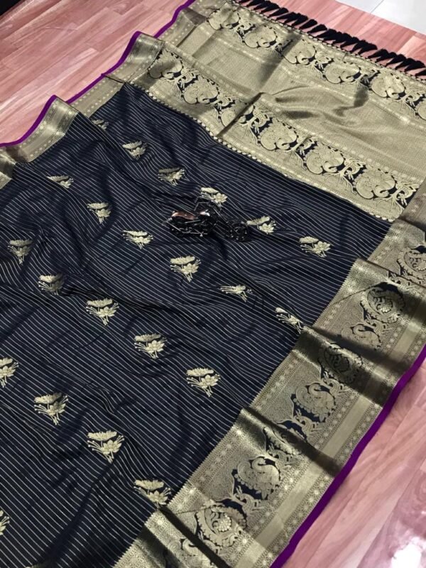 Black color kanchipuram silk saree with golden zari weaving work