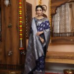 Navy blue color banarasi silk saree with zari weaving work - Image 2
