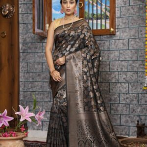 Black color kanjivaram silk saree with zari weaving work