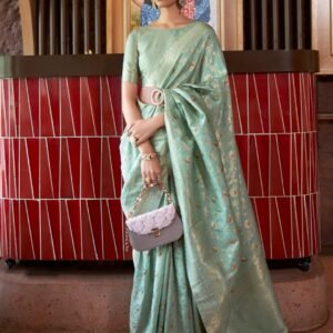 Sea green color katan silk saree with zari weaving work