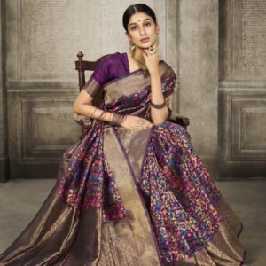 Magenta color banarasi silk saree with zari weaving work