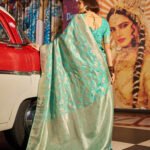 Sea green color soft katan silk saree with zari weaving work - Image 2