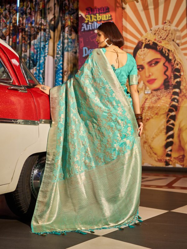 Sea green color soft katan silk saree with zari weaving work - Image 2