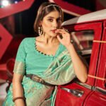 Sea green color soft katan silk saree with zari weaving work - Image 4