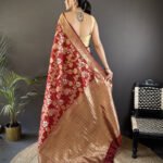 Red traditional banarasi silk saree with golden zari weaving work - Image 3