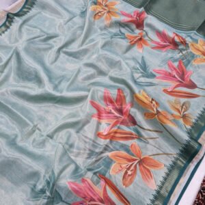 Sky blue maheshwari tissue silk saree with floral printed work