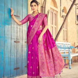 Pink banarasi silk saree with zari weaving work