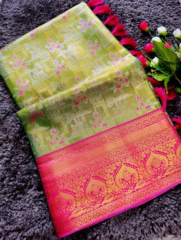 Mahendi green kanchipuram tissue silk saree with zari weaving work