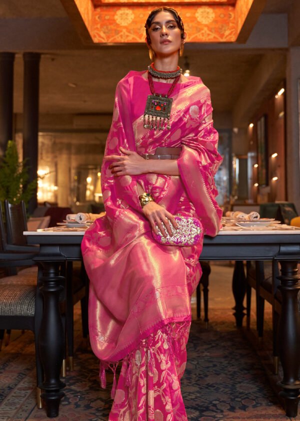 Pink banarasi soft silk saree with zari weaving work - Image 2