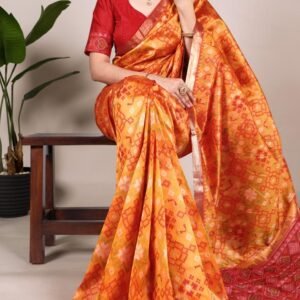 Orange khadi raw silk saree with patola weaving work