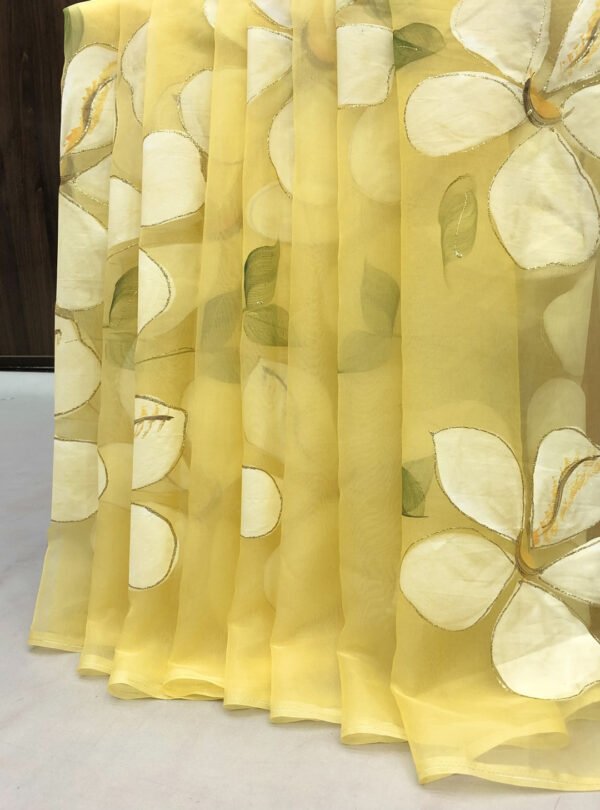 Fancy yellow hand floral brush printed organza saree - Image 4