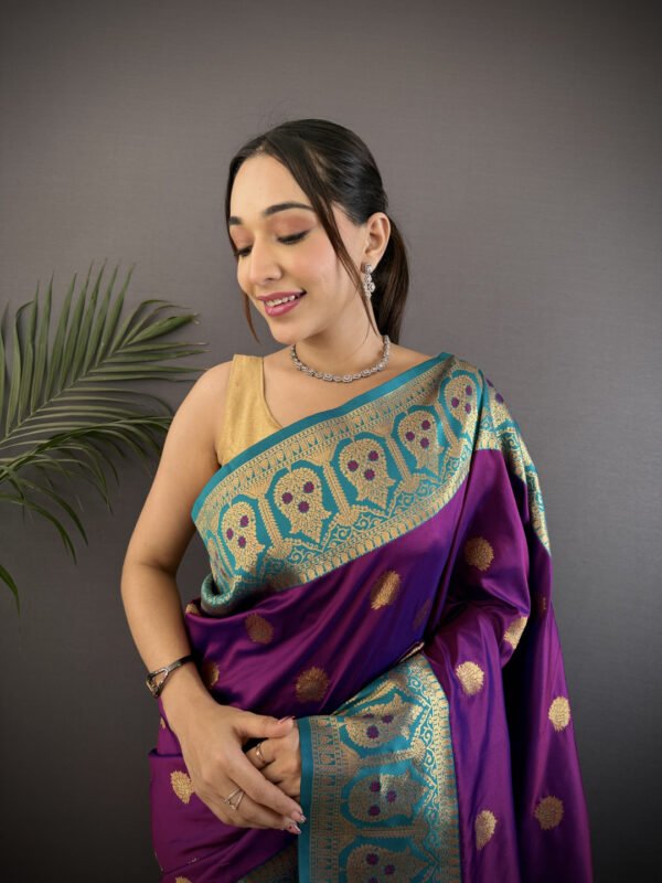 Orange traditional banarasi silk saree with zari weaving work - Image 8