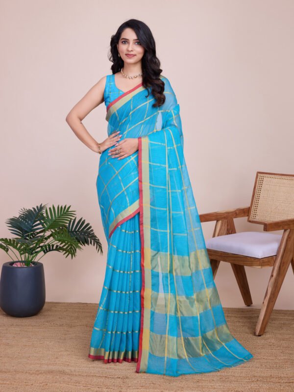 Peach kota doriya saree with zari weaving work - Image 7