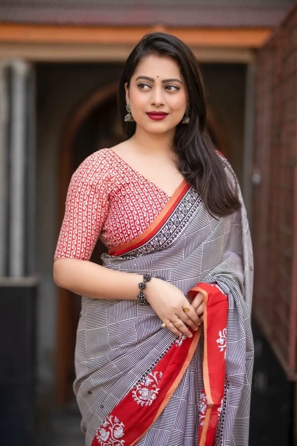 Gray ajrakh printed soft cotton saree - Image 3