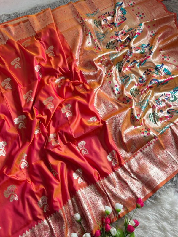 Rama green traditional paithani silk saree with zari weaving work - Image 7
