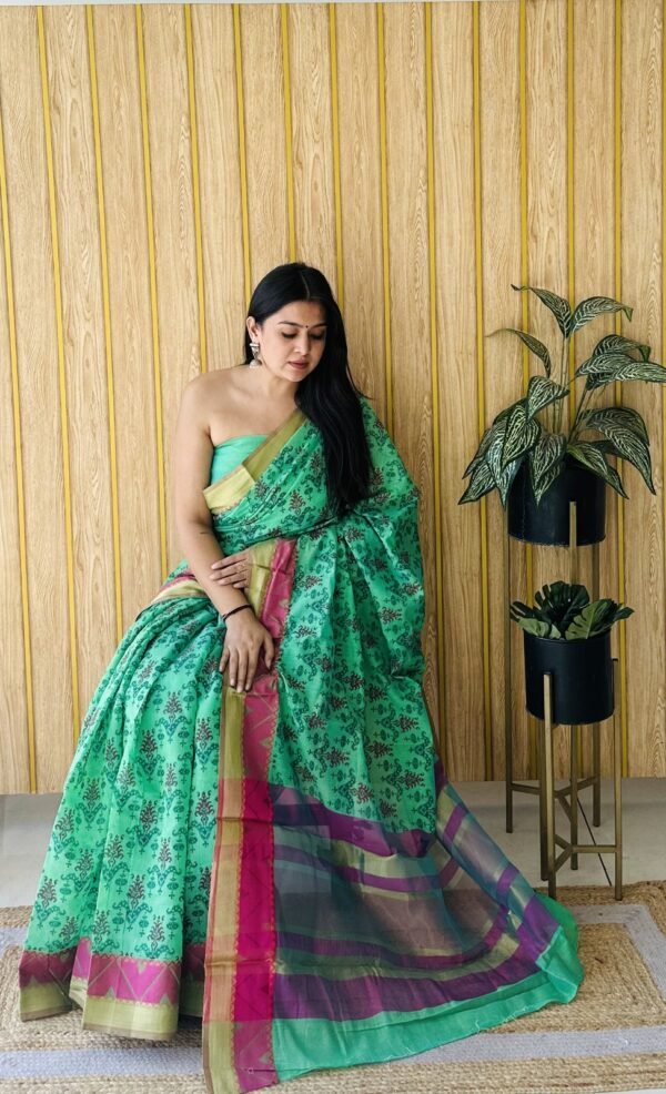 Sea green colour soft cotton saree with jacquard border - Image 2
