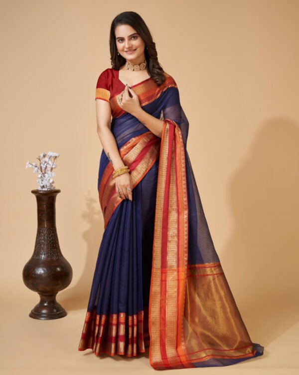 Red color kota doriya saree with zari weaving work - Image 8
