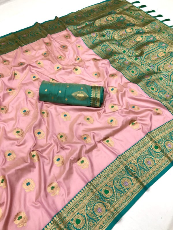 Baby pink traditional banarasi silk saree with zari weaving work - Image 2