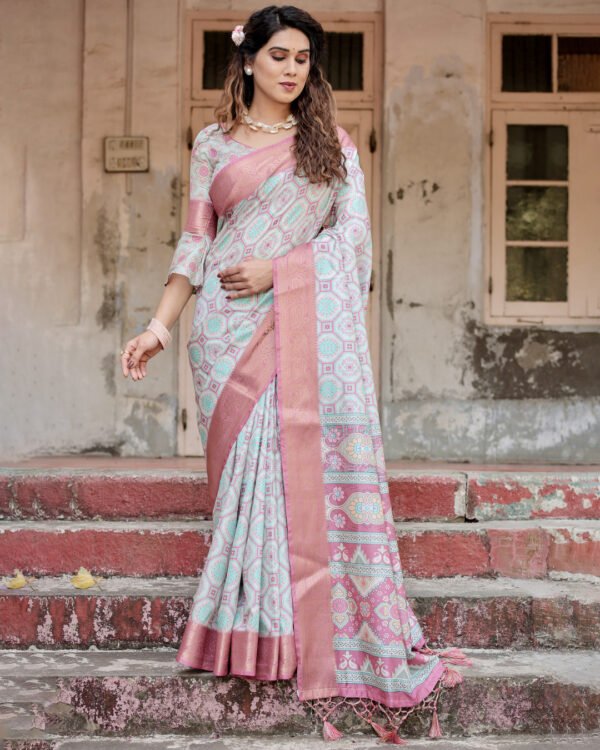 Multi digital printed banarasi silk saree with gold zari border - Image 7
