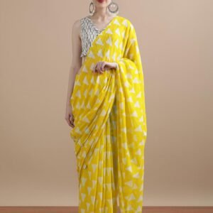 Yellow pure mulmul cotton saree with bagru hand block printed work
