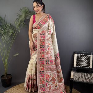 Off white pashmina silk saree with meenakari weaving work