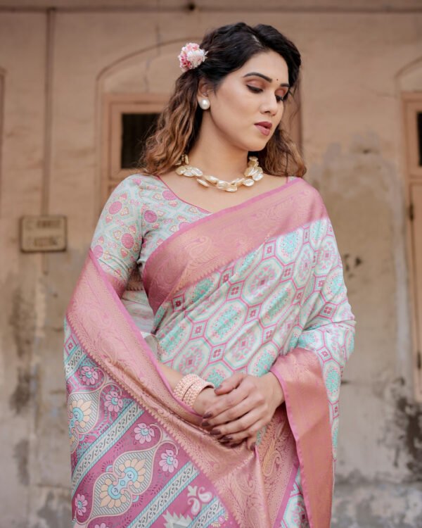 Multi digital printed banarasi silk saree with gold zari border - Image 4