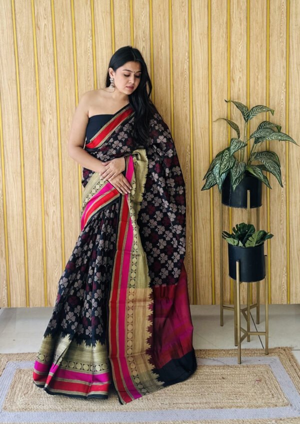 Sea green colour soft cotton saree with jacquard border - Image 5