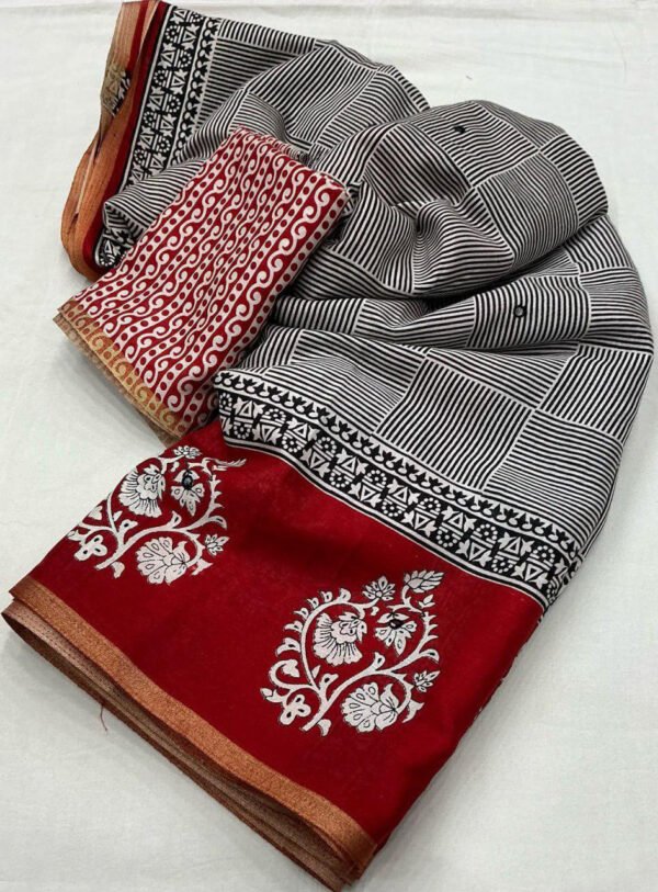Gray ajrakh printed soft cotton saree - Image 4