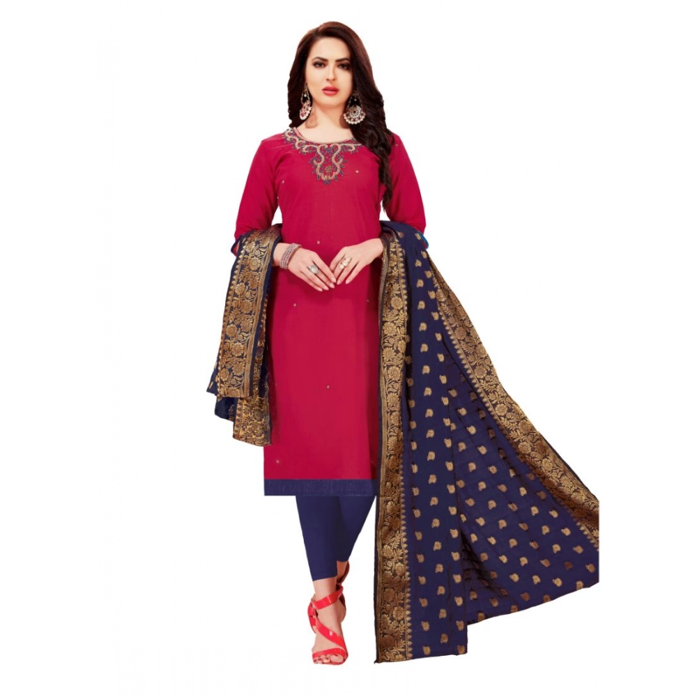 Generic Women’s Slub Cotton Unstitched Salwar-Suit Material With Dupatta (Magenta, 2-2.5mtrs)
