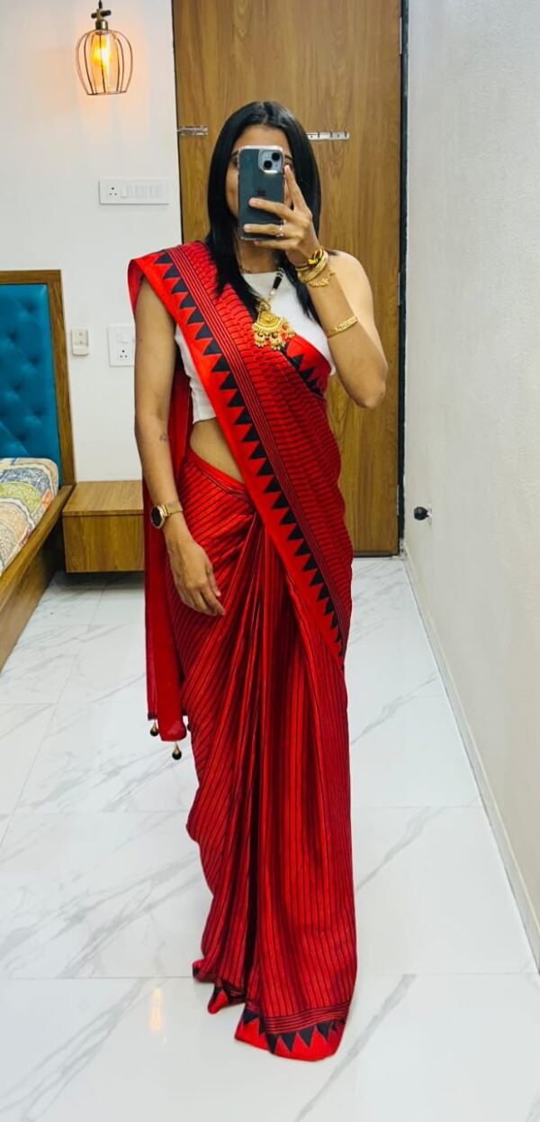 Firoji fancy ajrakh printed crepe silk saree - Image 8
