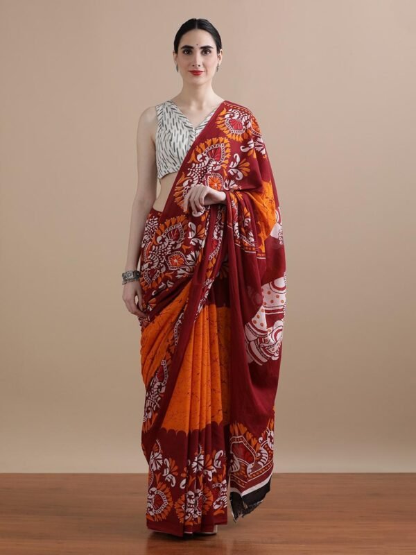 Yellow pure mulmul cotton saree with bagru hand block printed work - Image 8