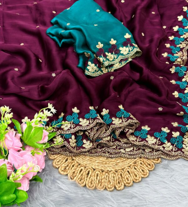 Firoji fancy satin chiffon saree with embroidery work - Image 3
