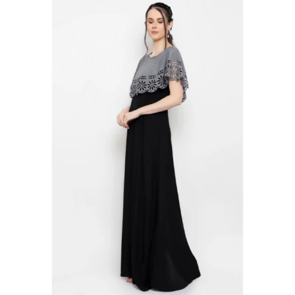 Generic Women's Crepe Solid Sleeveless Full Length Gown(Grey Black) - Image 4