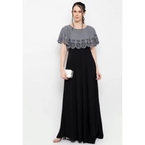 Generic Women's Crepe Solid Sleeveless Full Length Gown(Grey Black) - Image 2