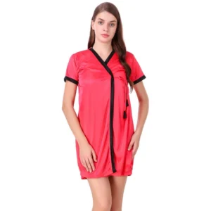Women's Satin Short Wrap Gown with Half Sleeve(Color: Coral Red and Black, Neck Type: V Neck)