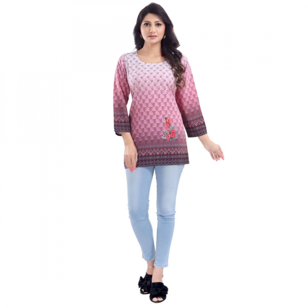 Generic Women’s Quarter Sleeve Faux Crepe Printed Short Kurti Tunic Top (Color:Pink)
