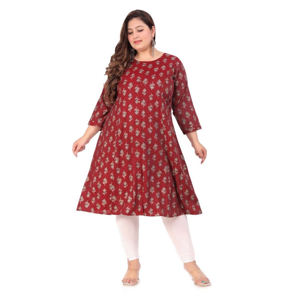 Generic Women’s Office wear Floral Printed Capsule Princess Cut Kurti (Maroon)