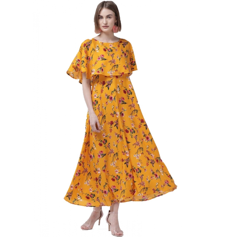 Generic Women’s Crepe Floral Half Sleeves Full Length Gown(Yellow)
