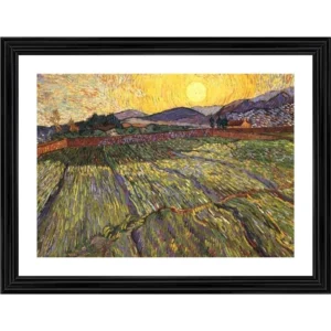 Generic Wheat Field With Rising Sun 1889 Painting With Wood Photo Frame (Multicolor)