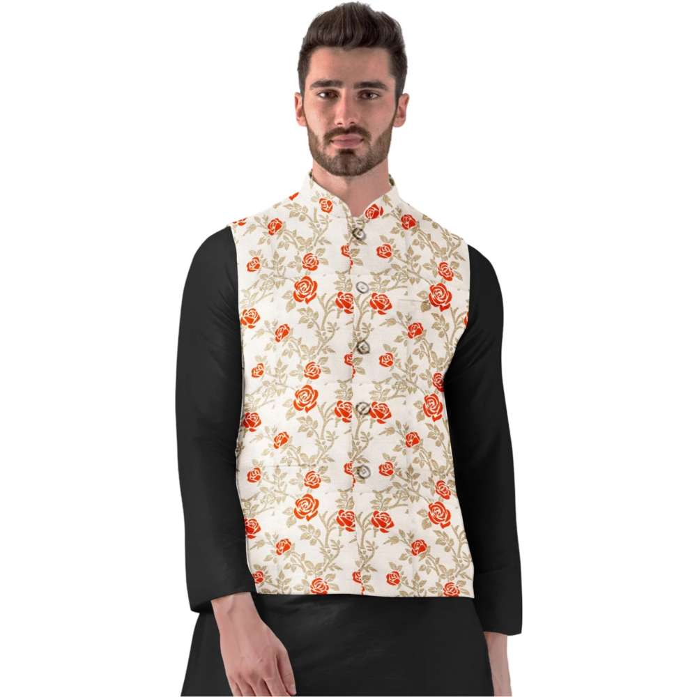 Generic Men’s Jacquard Printed Full Sleeve Waistcoat (Orange-Beige)