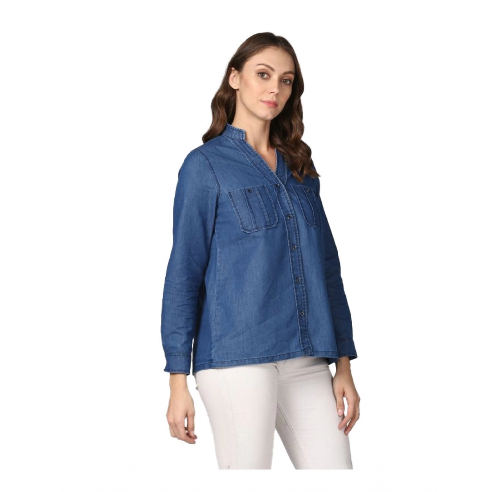 Generic Women’s Denim Solid Long Sleeves Top (Blue)
