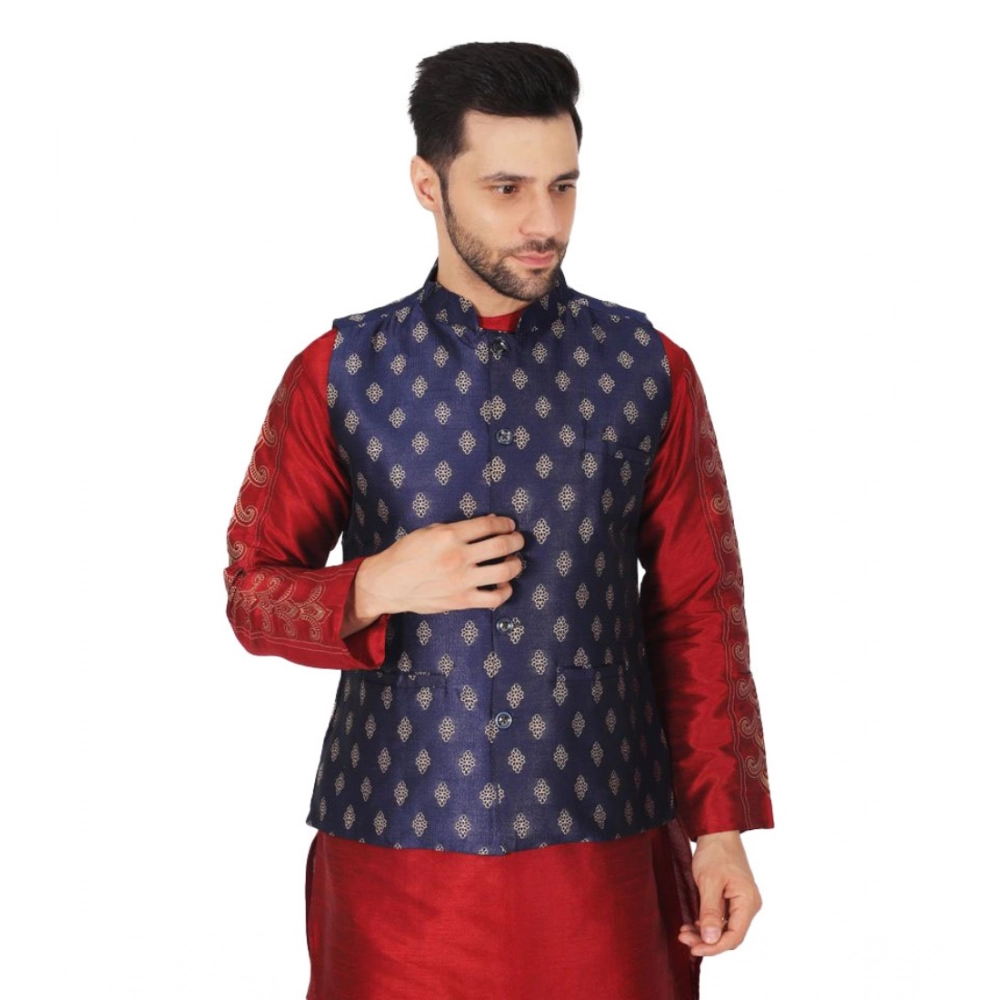 Generic Men’s Jacquard Self-Design Sleeveless Mandarin Neck Waistcoat (NavyBlue-Gold)