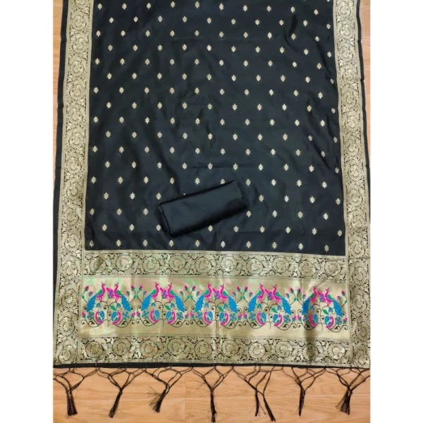 Generic Women's Banarasi Silk Printed Unstitched Salwar Suit Material With Dupatta (Black, 3Mtrs) - Image 2