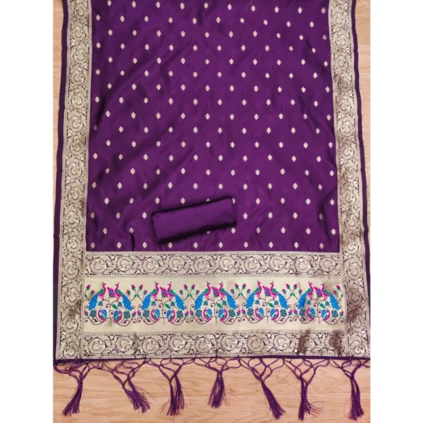 Generic Women's Banarasi Silk Printed Unstitched Salwar Suit Material With Dupatta (Purple, 3Mtrs) - Image 2