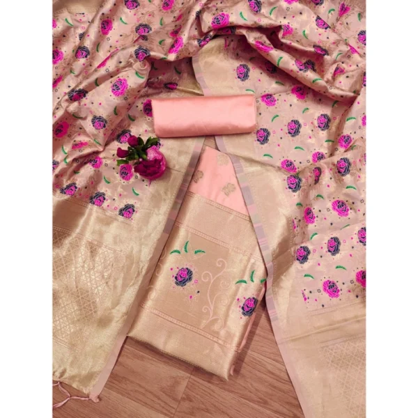 Generic Women's Banarasi Silk Printed Unstitched Salwar Suit Material With Dupatta (Peach, 3Mtrs) - Image 2