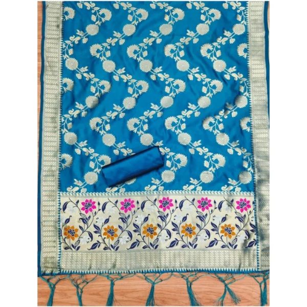 Generic Women's Banarasi Silk Printed Unstitched Salwar Suit Material With Dupatta (Blue, 3Mtrs) - Image 2