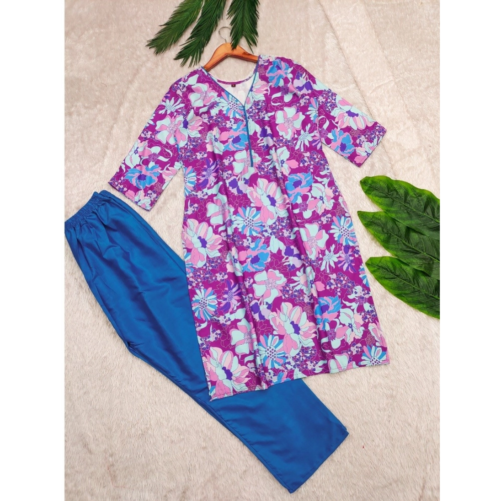 Generic Women’s Rayon Printed V Neck 3-4th Sleeve Kurti With Pant Set (Purple)